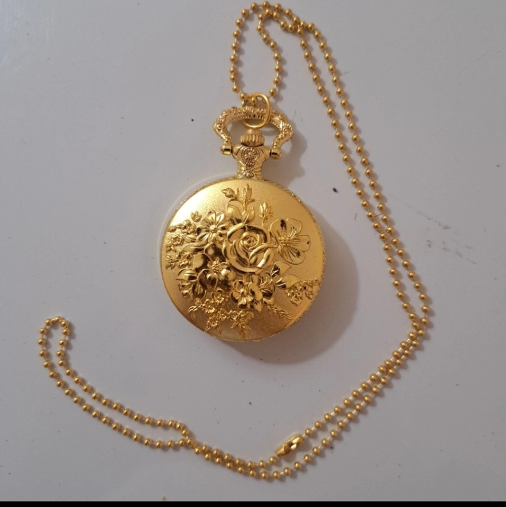 Floral Pattern Pocket Watch Steam Punk Metal Gold Chain